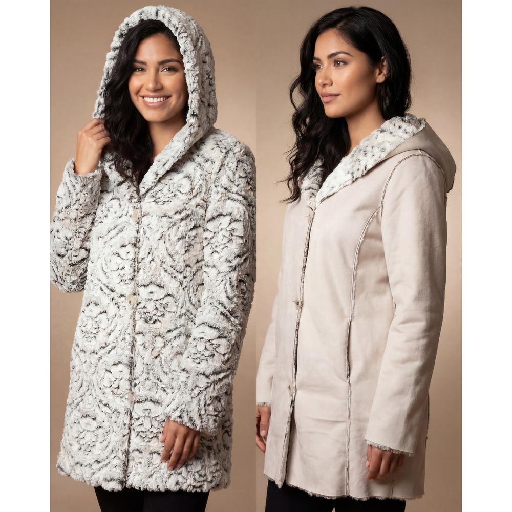 Adrienne Landau Faux Fur Reversible Coat Jacket Light‎ Beige Button Size L